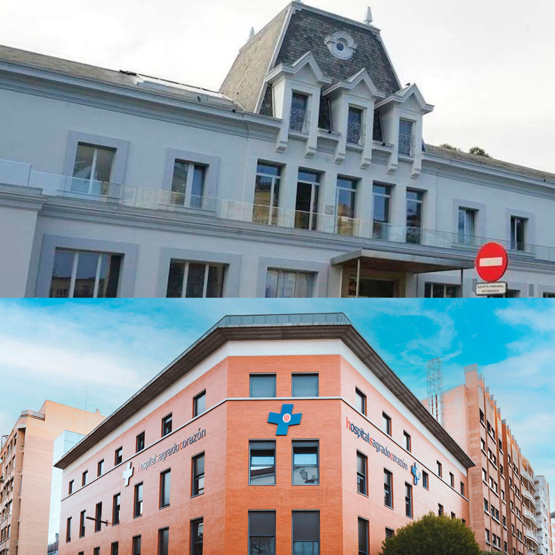 Comparison of two buildings: the top shows a light-colored building with a triangular roof and a no-entry sign, while the bottom displays a modern red-brick hospital building with a blue cross logo.