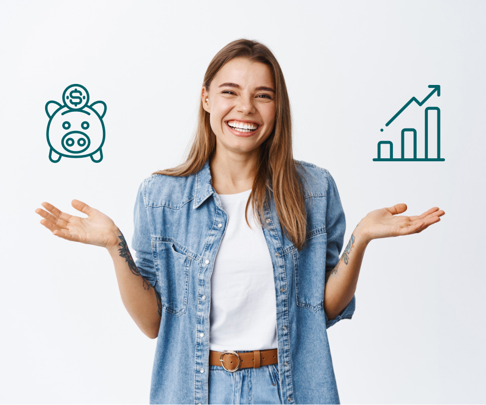 Smiling woman holding her hands out with icons of a piggy bank and a bar chart, symbolizing savings and financial growth.